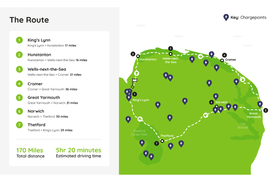 Map showing Norfolk road routes, UK