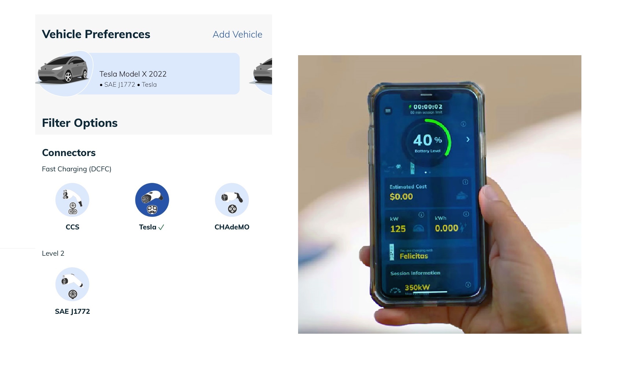 Hand holding EVgo charging app screen