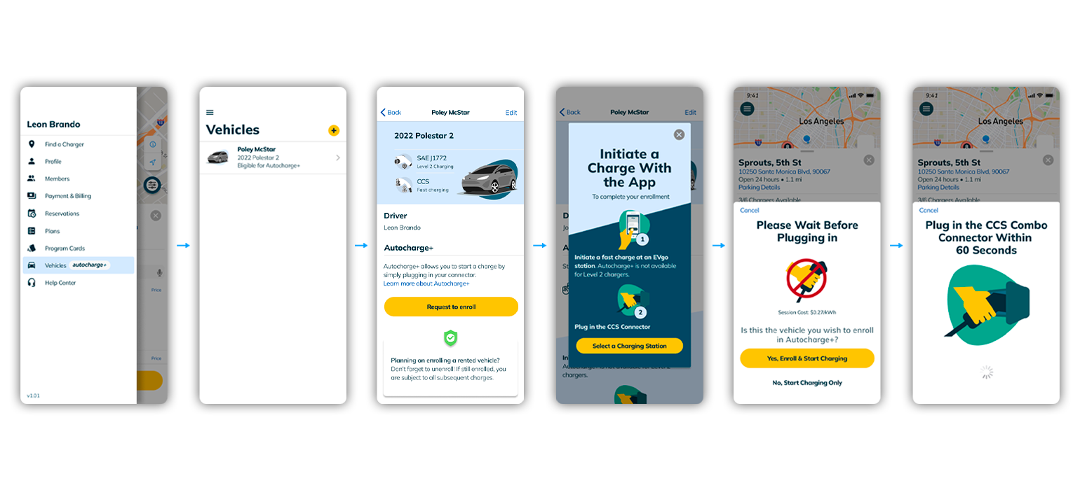 EVgo autocharge app screens on phones