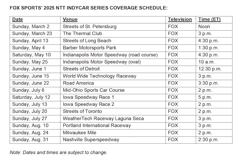 FOX Sports' 2025 INDYCAR broadcast schedule