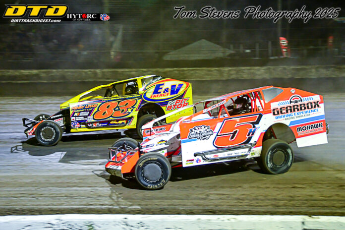 Two dirt track racers battling close