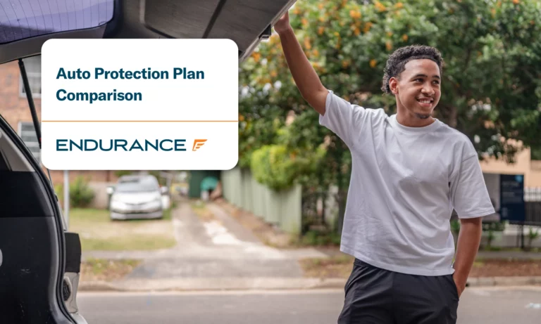 Man standing beside vehicle insurance advertisement